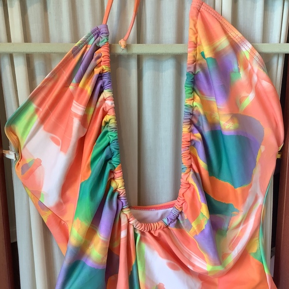 PrettyLittleThing Plunge Swimsuit Multicolor Swirl One Piece High Leg Size 8 - Picture 5 of 8